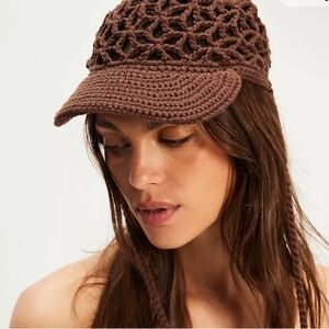 Free People Silvie Crochet Baseball Hat in Brown NWT